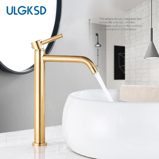 Brushed Golden Bathroom Basin Hot Cold Faucets Brass Deck Mounted Tall Style Long Mouthed Taps Vanity Sink Mixer Tap For Bathroo