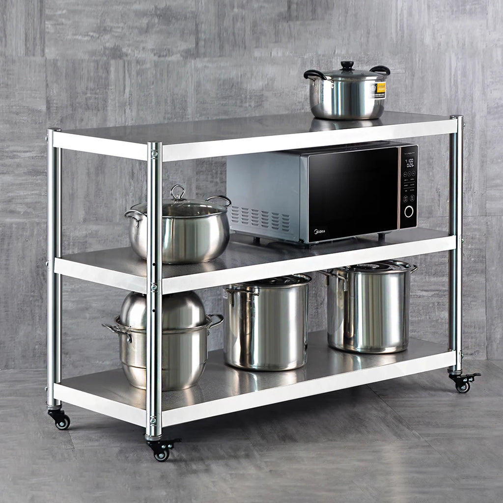 Stainless Steel Kitchen Storage Rack with Brake Wheels, Microwave Oven Rack, Multi-Layer Floor Stand