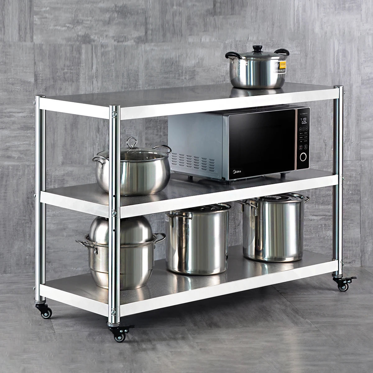 Stainless Steel Kitchen Storage Rack with Brake Wheels, Microwave Oven Rack, Multi-Layer Floor Stand
