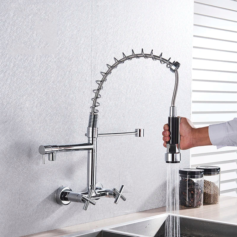 Myqualife Kitchen Faucet Torneira Cozinha Double Handle Mounted On Spring Faucet With 2 Nozzles Chrome Finish New Grifo Cocina