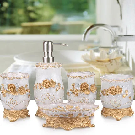 European 5pcs Bathroom Set/Resin Bathroom Accessories Kit/Toothpick Holder/Soap Dispenser/Tooth Brush Holder/Cup Soap Dish Tray