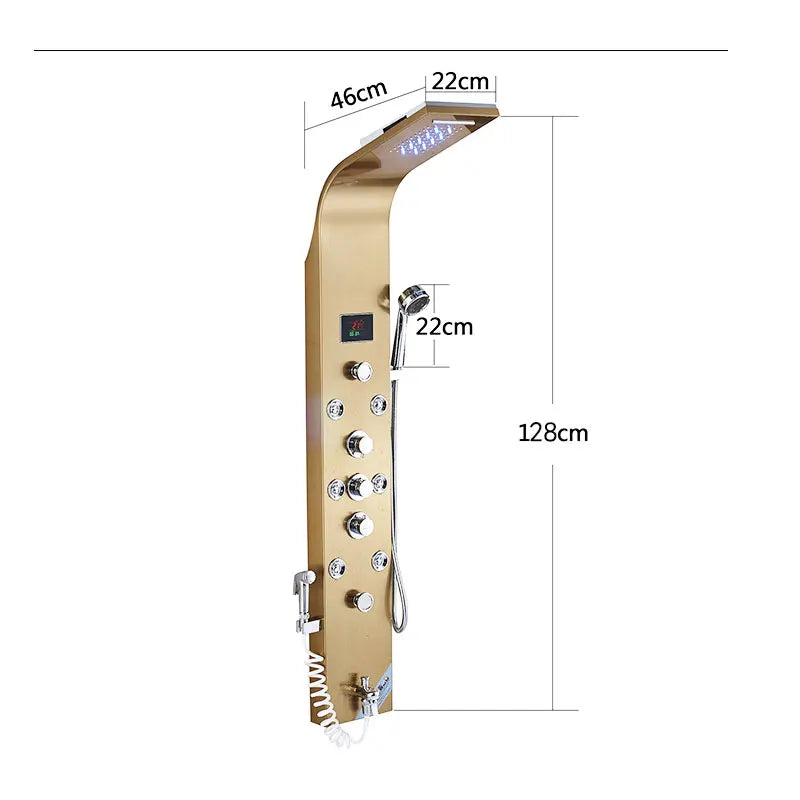 Gold Shower Panel LED Light Bathroom Six Functions Shower Column Tower Digital Screen Waterfall Shower Massage Spa Jets Tub