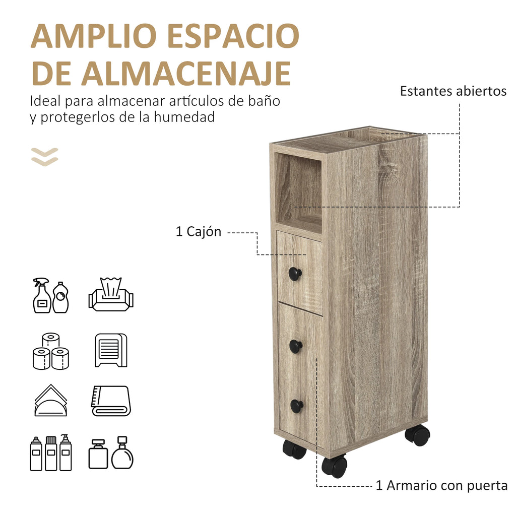 Kleankin bathroom cabinet bathroom furniture with universal wheels 2 brakes shelves drawer cabinet 18x30x68,5 cm Oak Wood