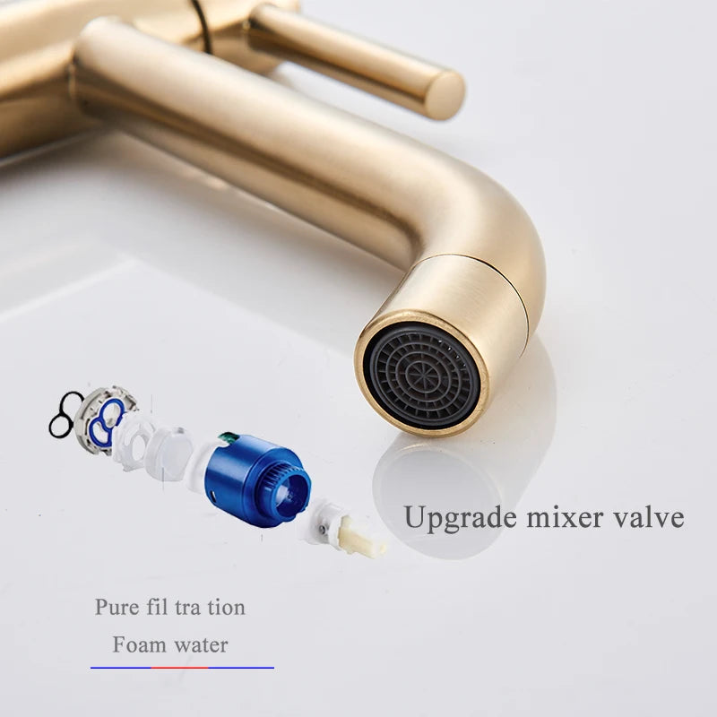 Brushed Golden Bathroom Basin Hot Cold Faucets Brass Deck Mounted Tall Style Long Mouthed Taps Vanity Sink Mixer Tap For Bathroo