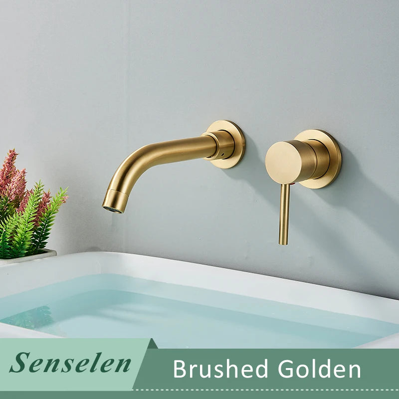 Bathroom Basin Faucet Brushed Golden Concealed Wall Mounted Faucet Tap 360 Rotation Single Handle Hot Cold Water Bath Mixer Tap