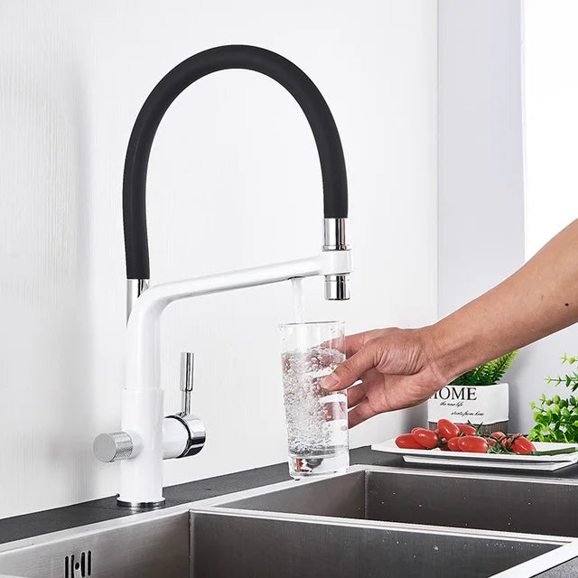 Filter Kitchen Faucet Black Dual Spout Drinking Water Faucet Mixer 360 Degree Rotation Hot Cold Water Purification Feature Tap