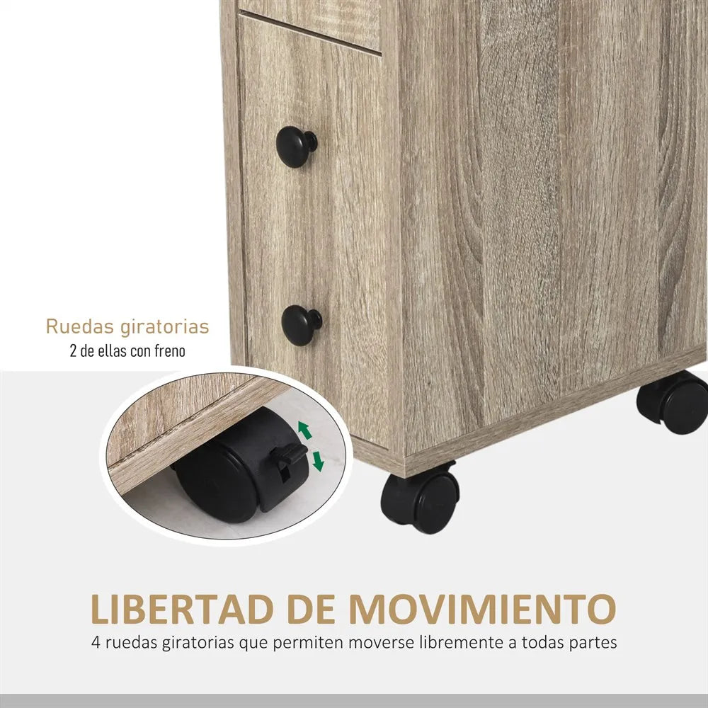Kleankin bathroom cabinet bathroom furniture with universal wheels 2 brakes shelves drawer cabinet 18x30x68,5 cm Oak Wood