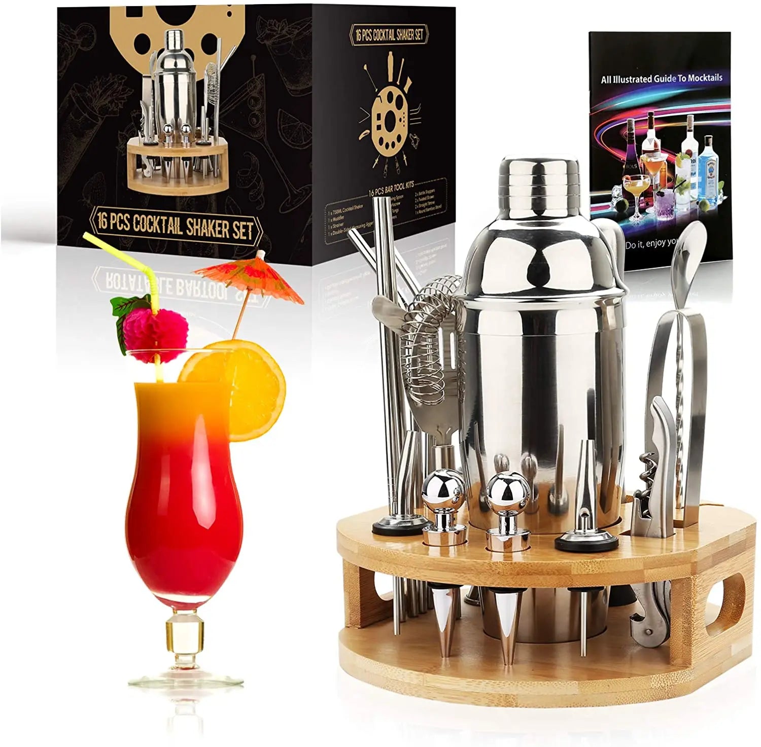 Cocktail Shaker Making Set,16pcs Bartender Kit For Mixer Wine Martini, Stainless Steel Bar Tools, Home Drink Party Accessories