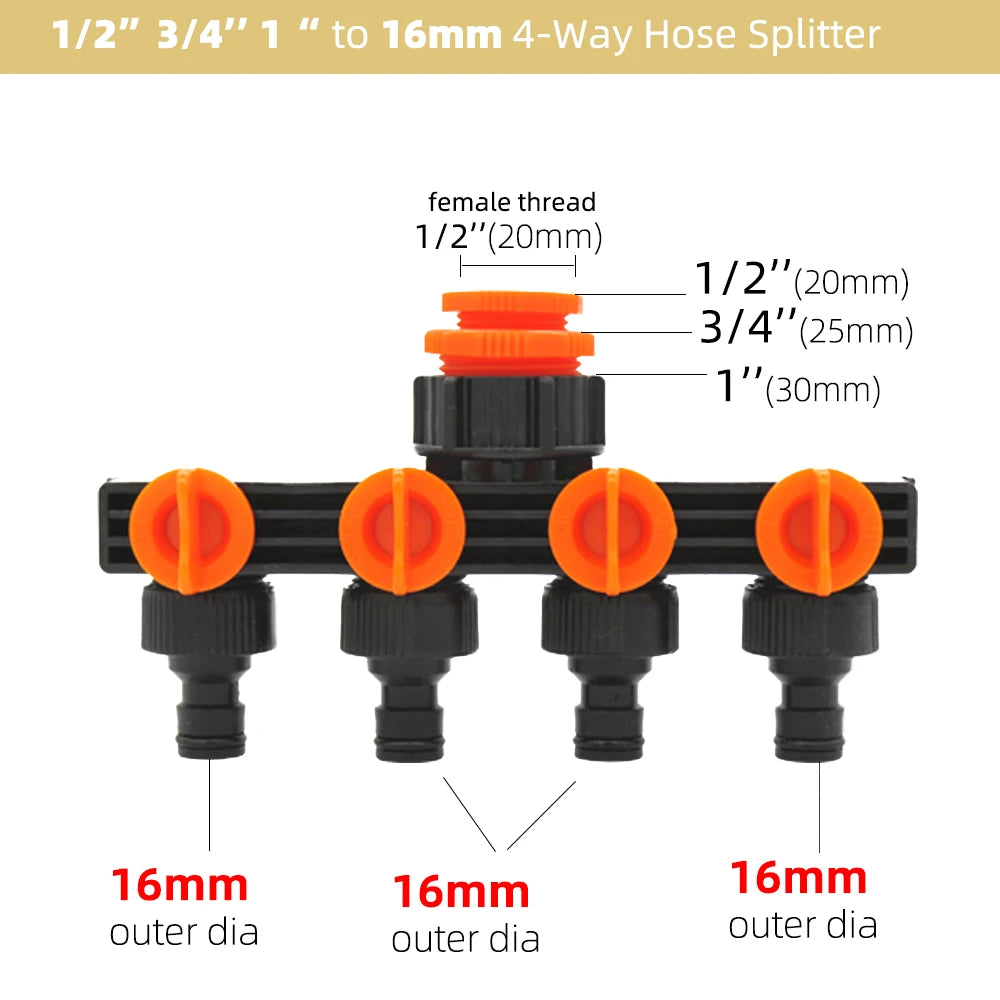 1PC BSP NPT 3/4" 4-Way Brass Plastic Garden Hose Splitter Y-Type Watering Connector Distributor For Outdoor Tap Faucet Adapter