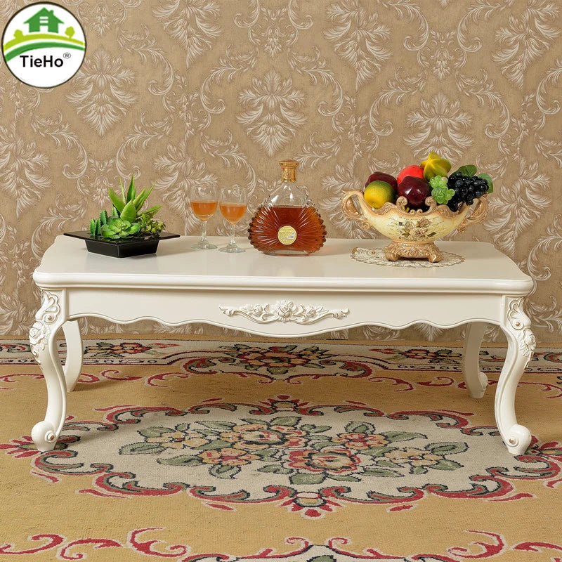 TieHo European Style Living Room Coffee Table Wood Rectangle Ivory White Center Table Modern Small Apartment Home Furniture