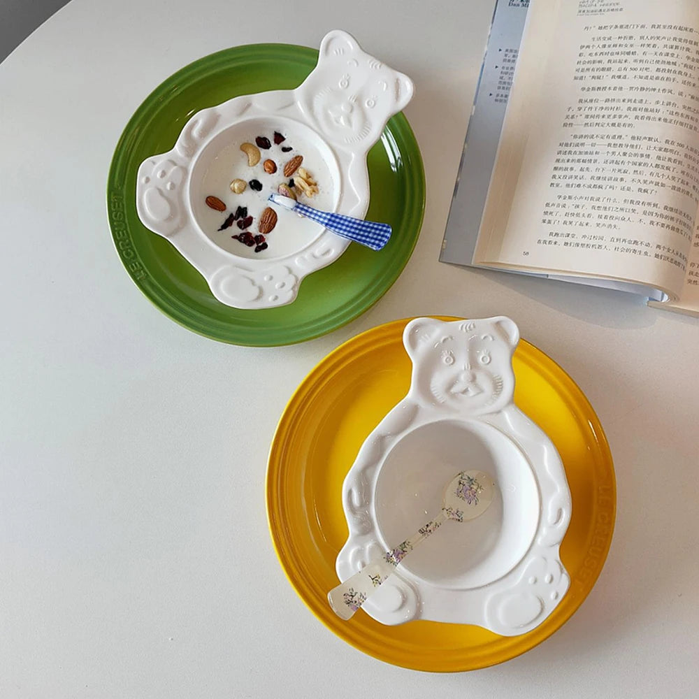 Korean Cartoon Student Tableware 2021 New INS Cute Bear Ceramic Bowls Children's Dessert Breakfast Cereal Fruit Salad Soup Bowl