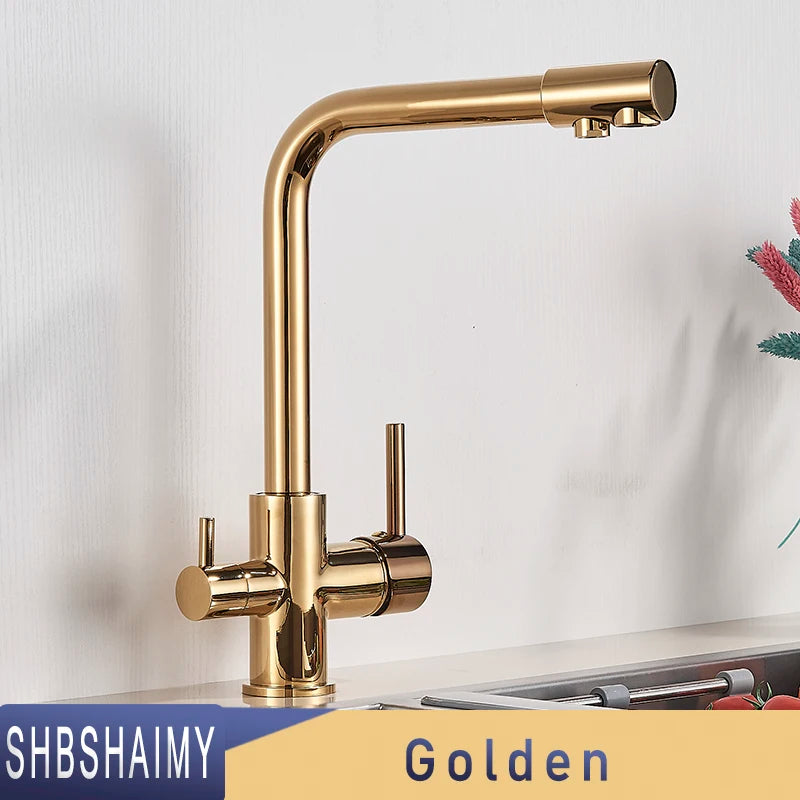SHBSHAIMY Brushed Nickel Filter Kitchen Faucet Drinking Water Kitchen Tap Deck Mounted Dual Handles 3-Way Hot Cold Water Mixer