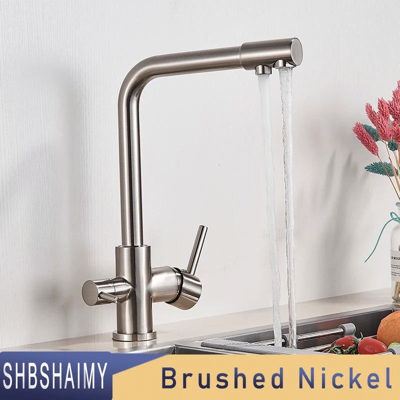 SHBSHAIMY Brushed Nickel Filter Kitchen Faucet Drinking Water Kitchen Tap Deck Mounted Dual Handles 3-Way Hot Cold Water Mixer