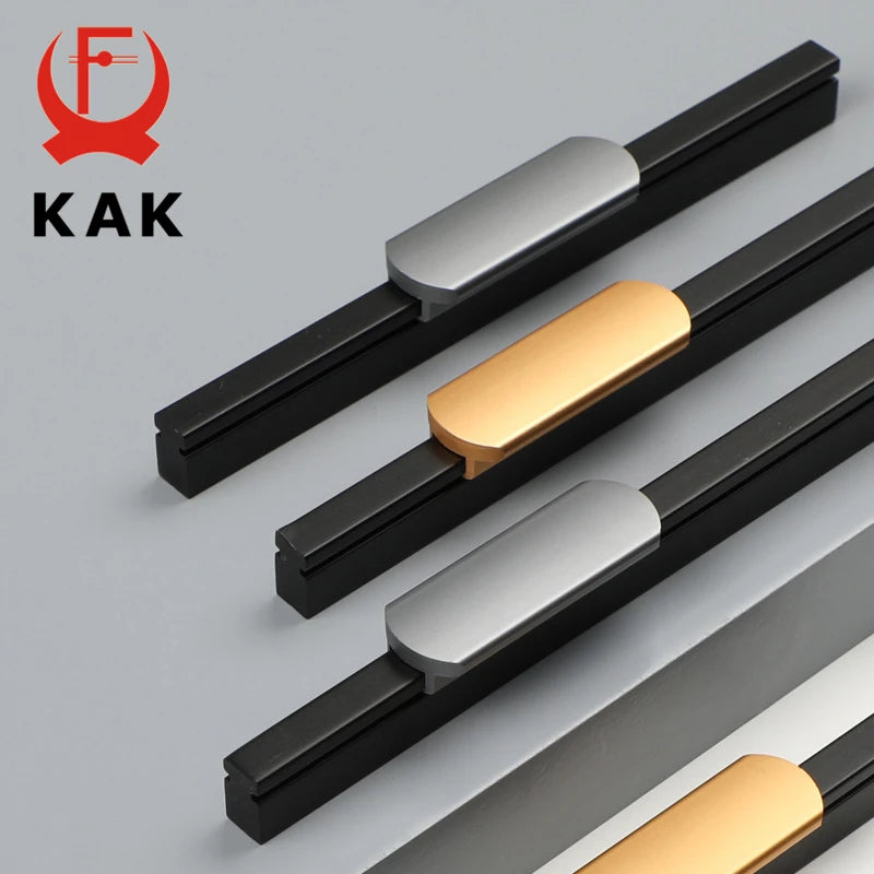 KAK Fashion Black Kitchen Cabinet Handles Aluminum Alloy Cupboard Door Pulls Gold Drawer Knobs Long Furniture Handle Hardware