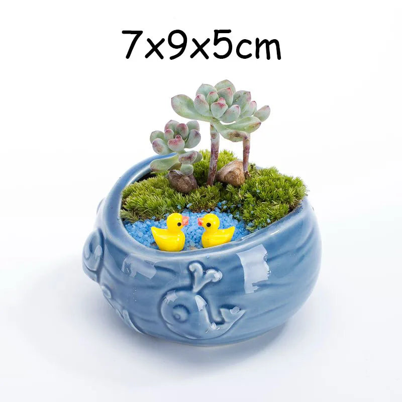 Pocelain Blue Fish Flower Vase European Style Cute Fleshy Flowerpot Mini Bonsai Cactus Flower Pot for Home Garden Home Decor