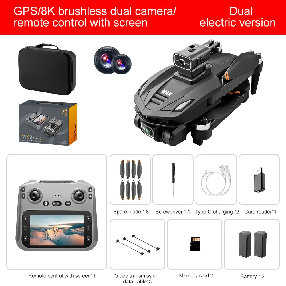 US Stock V168 MAX GPS Drone 4K Professional HD Dual Camera Brushless Motor Long Range WIFI FPV App Control RC Drone with Screen