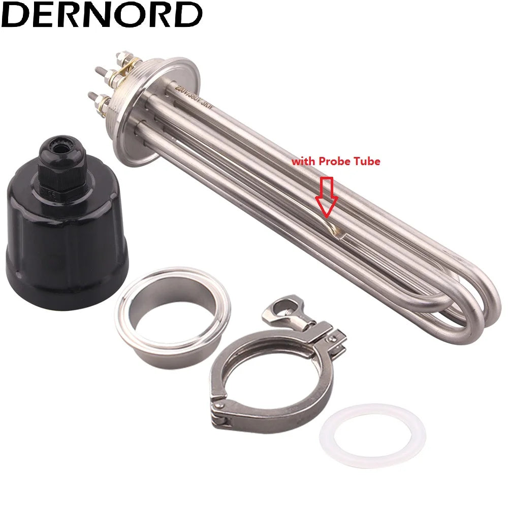 DERNORD 2 Inches Tri-Clamp Brewing Heating Element SUS304 3/4.5/6/9/12kw Immersion Water Tubular Electric Heater 220V 380V