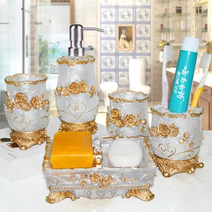 European 5pcs Bathroom Set/Resin Bathroom Accessories Kit/Toothpick Holder/Soap Dispenser/Tooth Brush Holder/Cup Soap Dish Tray