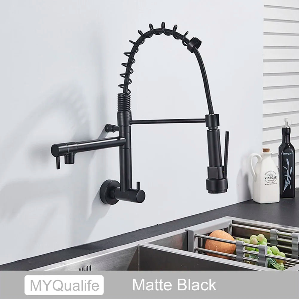 Chrome Black Pull Down Kitchen Faucet Single Cold Water Dual Swive Spout Mixer Wall Mounted Faucet 360 Rotation Bathroom Tap