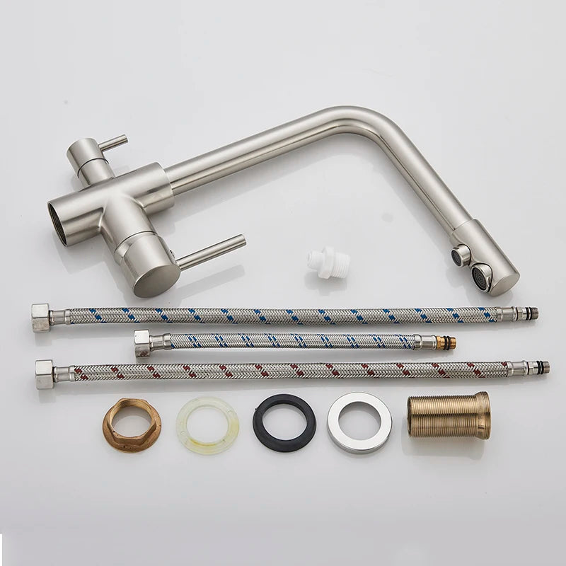 SHBSHAIMY Brushed Nickel Filter Kitchen Faucet Drinking Water Kitchen Tap Deck Mounted Dual Handles 3-Way Hot Cold Water Mixer