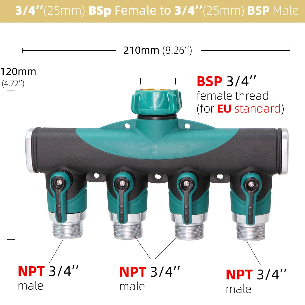 1PC BSP NPT 3/4" 4-Way Brass Plastic Garden Hose Splitter Y-Type Watering Connector Distributor For Outdoor Tap Faucet Adapter