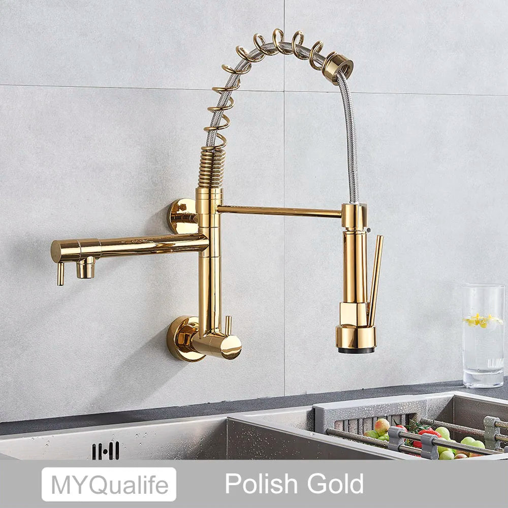 Chrome Black Pull Down Kitchen Faucet Single Cold Water Dual Swive Spout Mixer Wall Mounted Faucet 360 Rotation Bathroom Tap