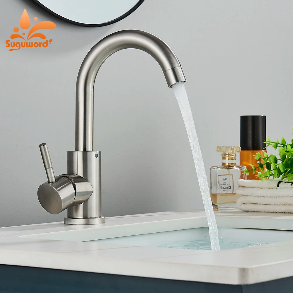 Suguword Bathroom Basin Faucet Stainless Steel Hot Cold Wash Mixer Crane Tap Rotation Sink Faucets Single Handle