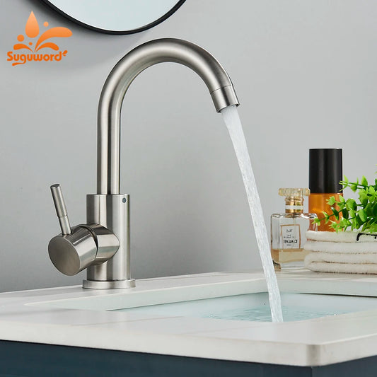 Suguword Bathroom Basin Faucet Stainless Steel Hot Cold Wash Mixer Crane Tap Rotation Sink Faucets Single Handle