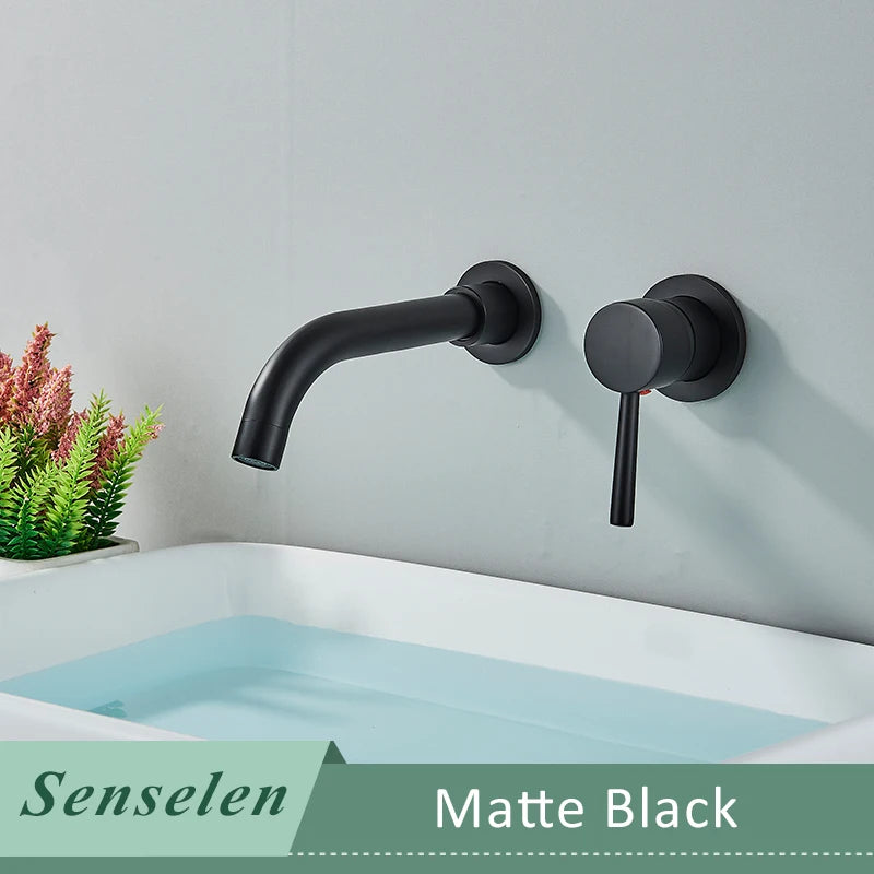 Bathroom Basin Faucet Brushed Golden Concealed Wall Mounted Faucet Tap 360 Rotation Single Handle Hot Cold Water Bath Mixer Tap