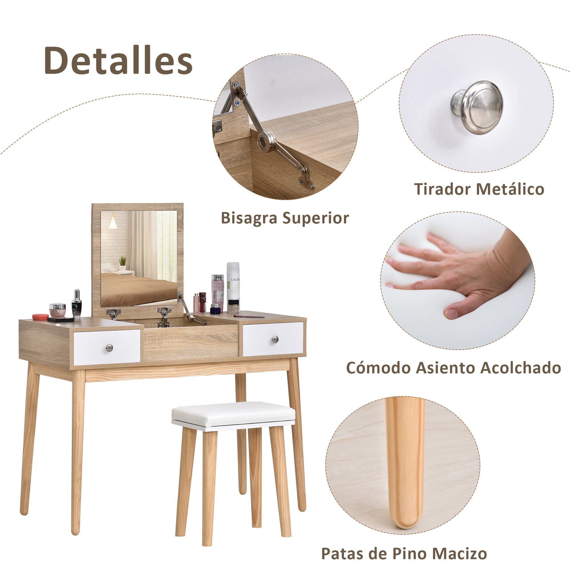 Homcom Dressing Table with Folding Mirror Drawers and Stool 100X45X118 Natural Color
