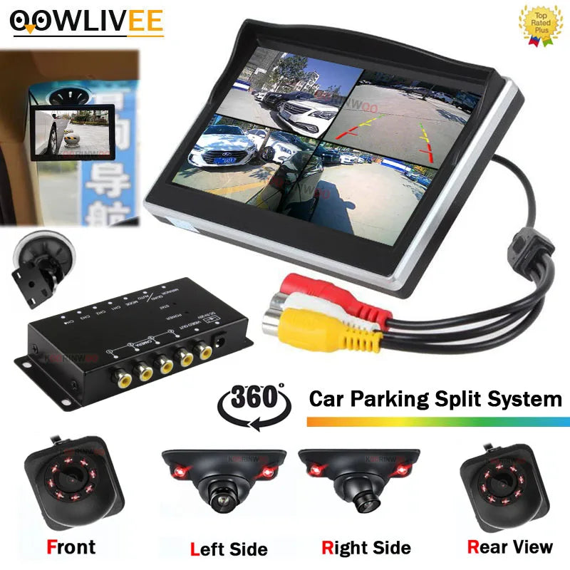 OOWLIVEE LCD Monitor With 360 Around view Split Parking For Cars Camera 4 Channels Box IR Left Right Front view Camera Rear view