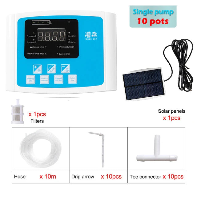 Garden Drip Irrigation Device Double Pump Controller Timer System, Solar Energy Intelligent Automatic Watering Device for Plants