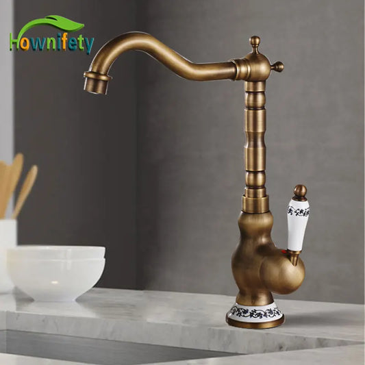 Antique Brass Kitchen Faucet Hot & Cold Mixer Tap Single Hole Bathroom Faucet  Rotatable crane Blue and white porcelain handle
