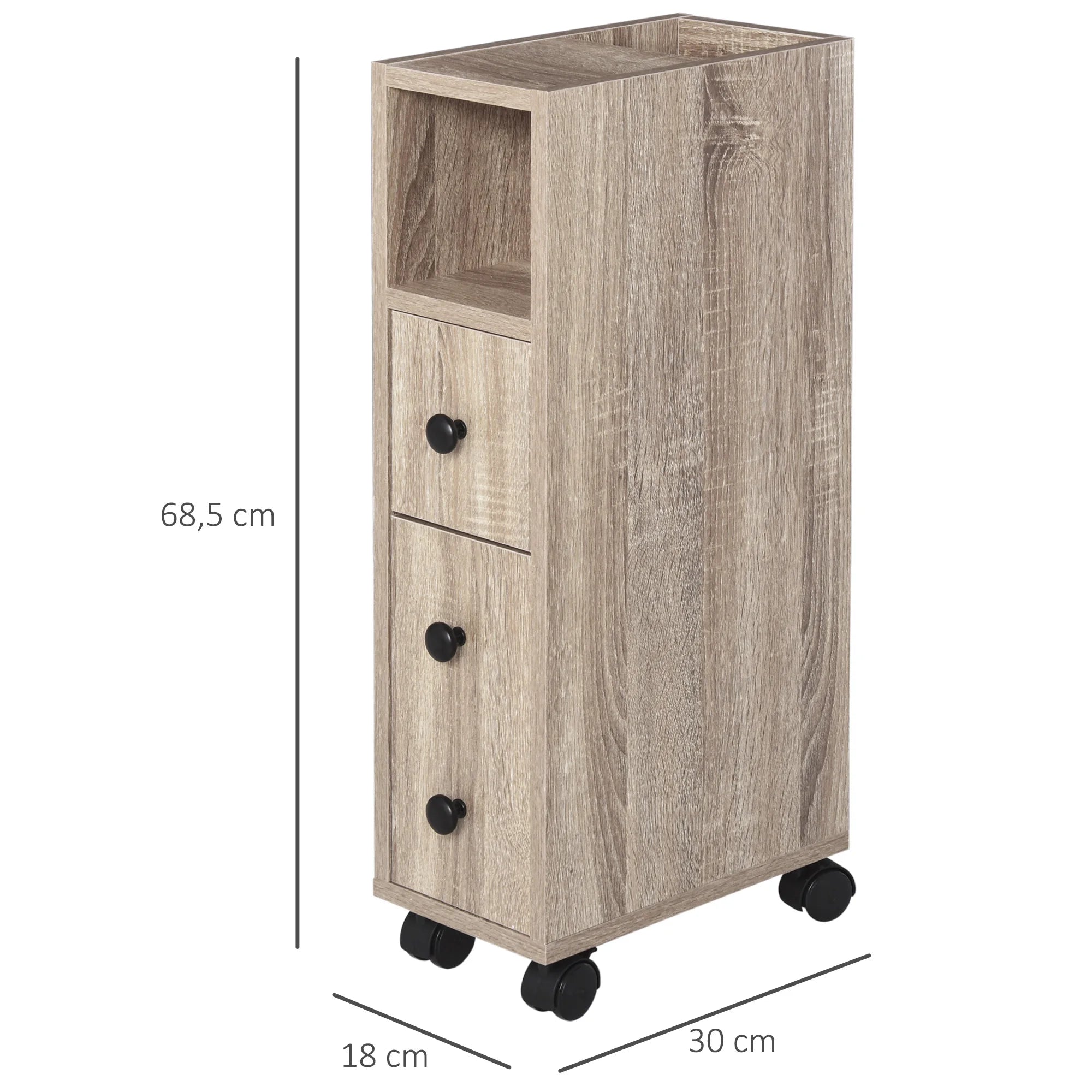 Kleankin bathroom cabinet bathroom furniture with universal wheels 2 brakes shelves drawer cabinet 18x30x68,5 cm Oak Wood