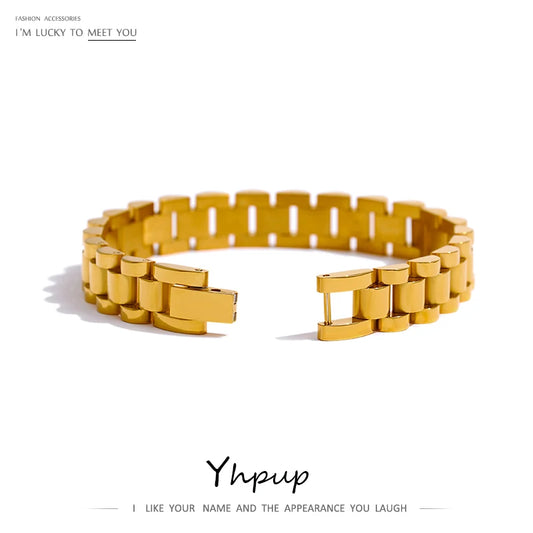 Yhpup Stainless Steel Chain Bracelet - Simple 18K Gold Plated Heavy Metal Fashion Jewelry for Men & Women | AlluCanFind