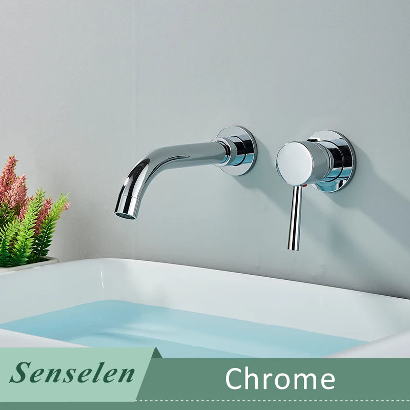 Bathroom Basin Faucet Brushed Golden Concealed Wall Mounted Faucet Tap 360 Rotation Single Handle Hot Cold Water Bath Mixer Tap
