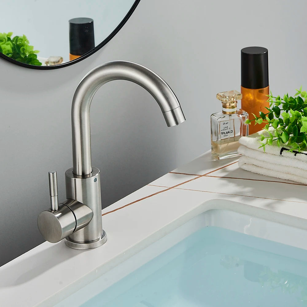 Suguword Bathroom Basin Faucet Stainless Steel Hot Cold Wash Mixer Crane Tap Rotation Sink Faucets Single Handle