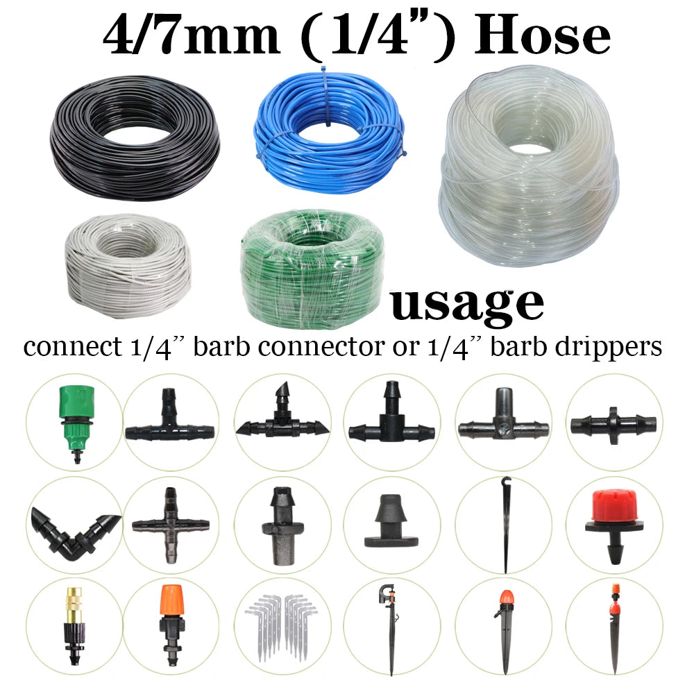 10/20/25/30/50 Meter 4/7mm Garden Water Hose 1/4" Quick Connector PVC Irrigation Tubing Black White Blue Green Transparent Pipe