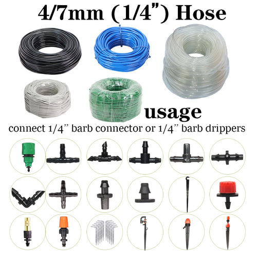 10/20/25/30/50 Meter 4/7mm Garden Water Hose 1/4" Quick Connector PVC Irrigation Tubing Black White Blue Green Transparent Pipe