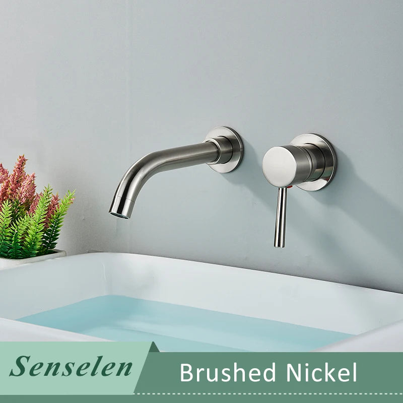 Bathroom Basin Faucet Brushed Golden Concealed Wall Mounted Faucet Tap 360 Rotation Single Handle Hot Cold Water Bath Mixer Tap