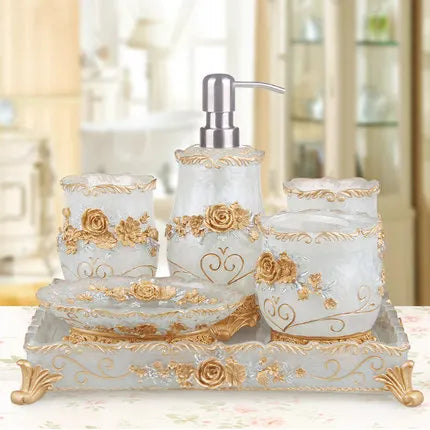 European 5pcs Bathroom Set/Resin Bathroom Accessories Kit/Toothpick Holder/Soap Dispenser/Tooth Brush Holder/Cup Soap Dish Tray