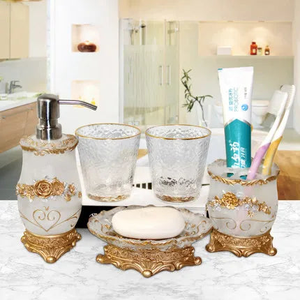 European 5pcs Bathroom Set/Resin Bathroom Accessories Kit/Toothpick Holder/Soap Dispenser/Tooth Brush Holder/Cup Soap Dish Tray