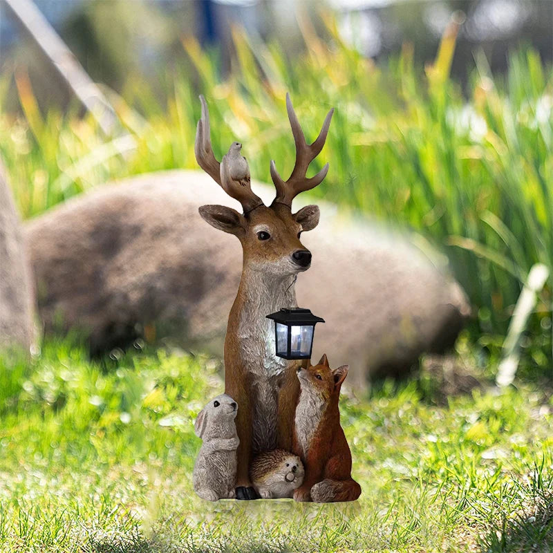 Deer Statue with Solar Light, Hand Painted Animals, Resin Ornament, Outdoor Garden, Courtyard, Street Lighting Decoration