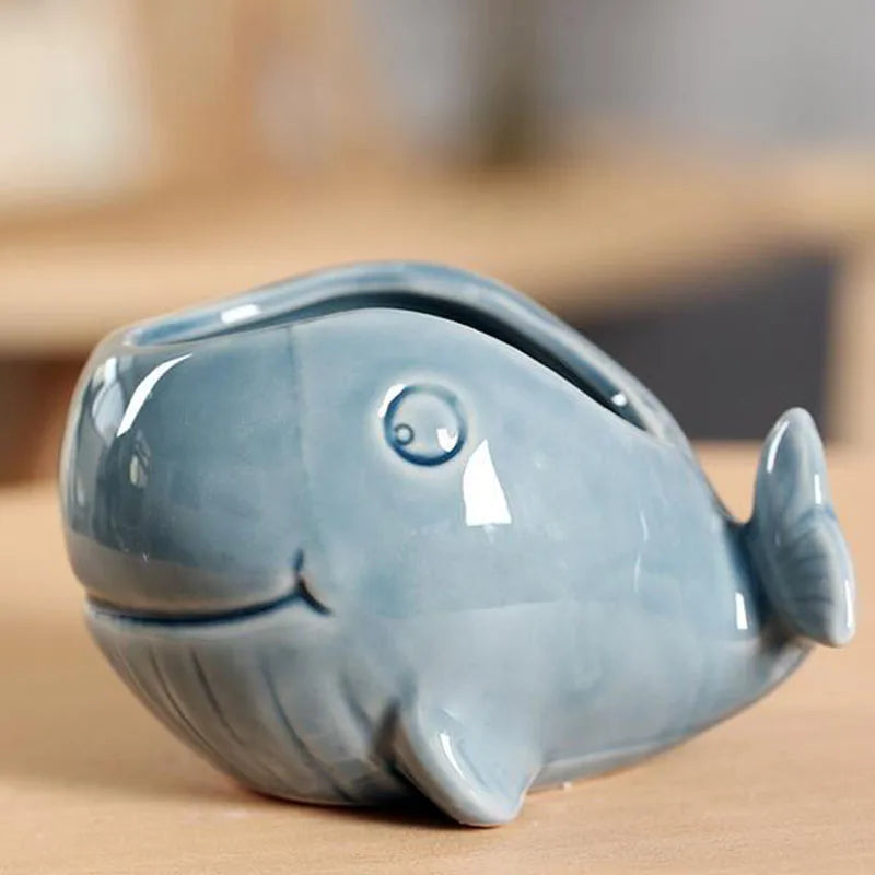 Pocelain Blue Fish Flower Vase European Style Cute Fleshy Flowerpot Mini Bonsai Cactus Flower Pot for Home Garden Home Decor