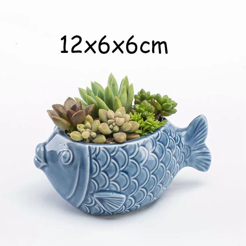 Pocelain Blue Fish Flower Vase European Style Cute Fleshy Flowerpot Mini Bonsai Cactus Flower Pot for Home Garden Home Decor