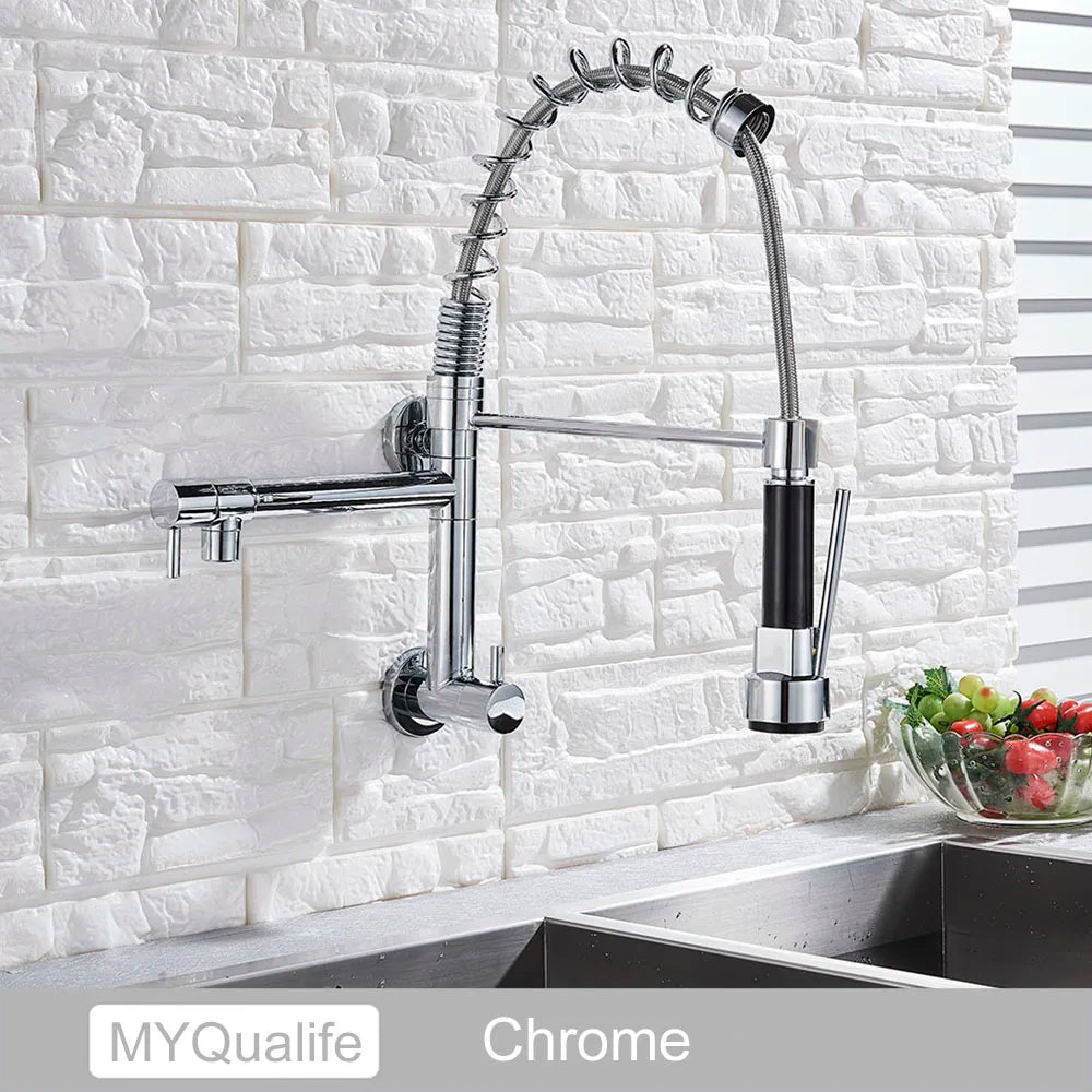 Chrome Black Pull Down Kitchen Faucet Single Cold Water Dual Swive Spout Mixer Wall Mounted Faucet 360 Rotation Bathroom Tap
