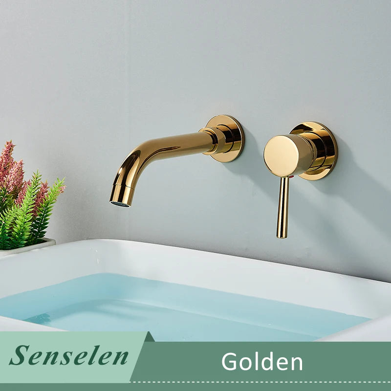 Bathroom Basin Faucet Brushed Golden Concealed Wall Mounted Faucet Tap 360 Rotation Single Handle Hot Cold Water Bath Mixer Tap