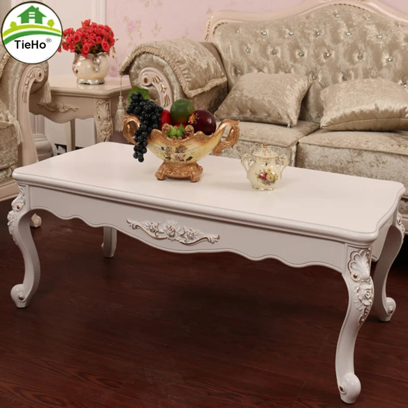 TieHo European Style Living Room Coffee Table Wood Rectangle Ivory White Center Table Modern Small Apartment Home Furniture