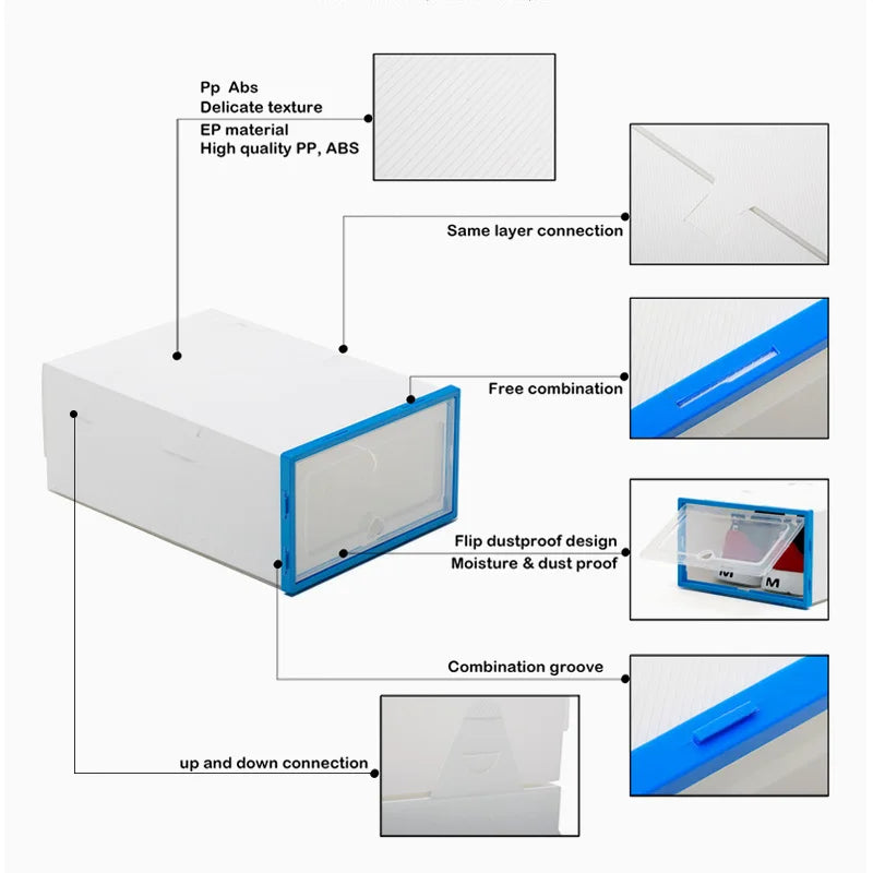 6Packs Transparent Shoe Box Shoes Organizers Plastic Thickened Foldable Dustproof Storage Box Stackable Combined Shoe Cabinet