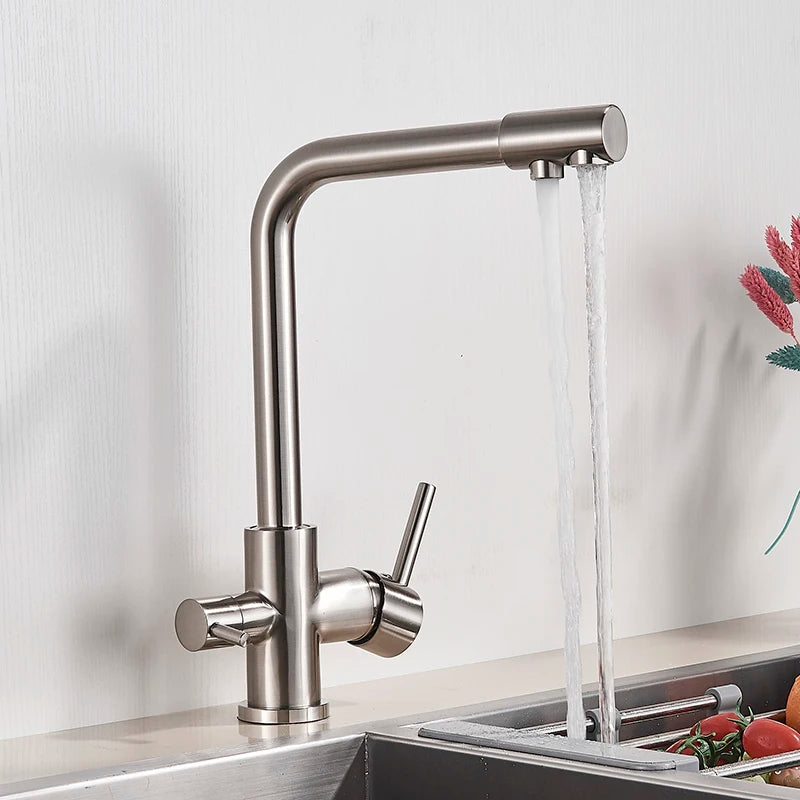SHBSHAIMY Brushed Nickel Filter Kitchen Faucet Drinking Water Kitchen Tap Deck Mounted Dual Handles 3-Way Hot Cold Water Mixer